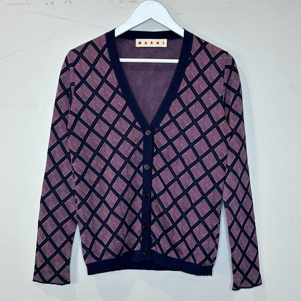 Marni V-Neck Argyle Diamond Print Silk Blend Cardigan Sweater Women IT 40/US 4